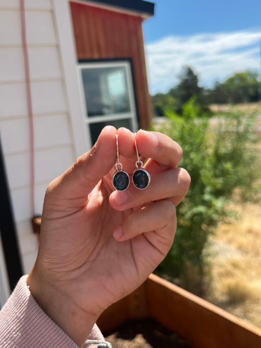 Hand holding a pair of labradorite earrings with a blurred background