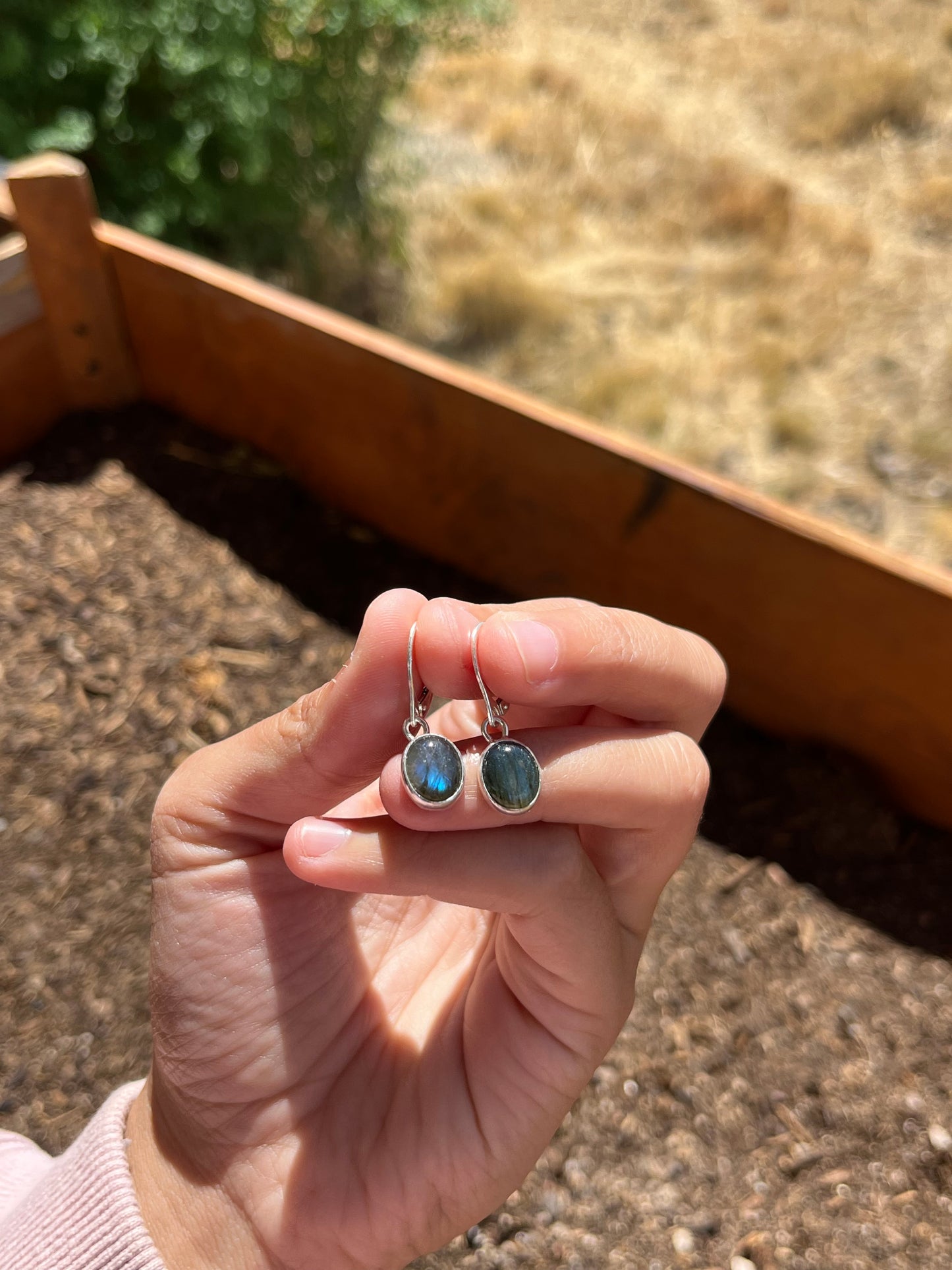 Hand holding pair of labradorite earrings against a natural background