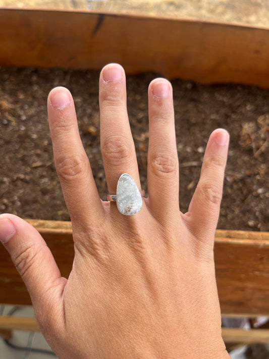 Fossilized Coral Teardrop Ring – Handmade Sterling Silver Statement Ring