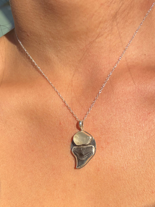 Sterling Silver Shark Tooth & Sea Glass Pendant — Adjustable Chain