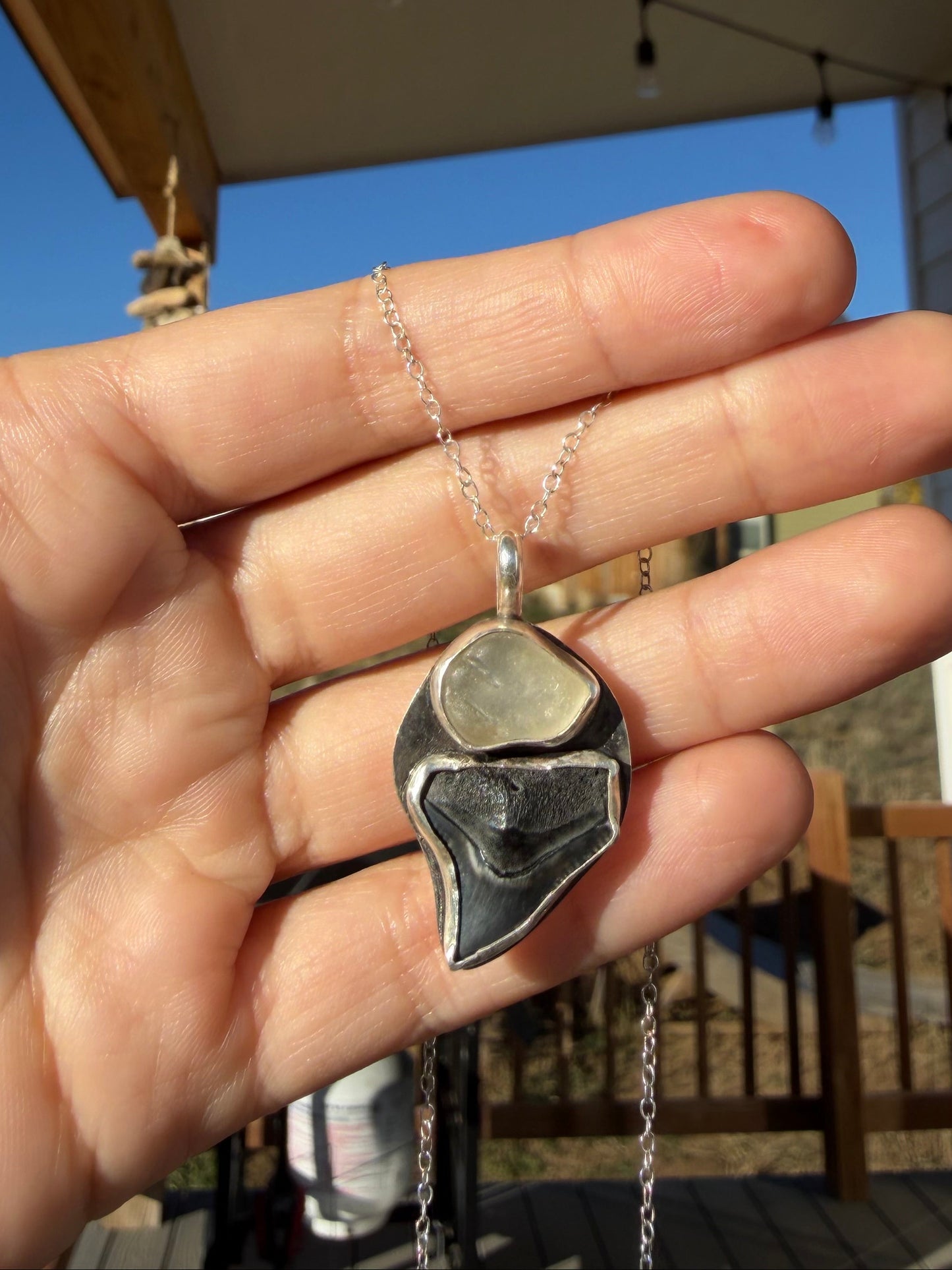 Sterling Silver Shark Tooth & Sea Glass Pendant — Adjustable Chain