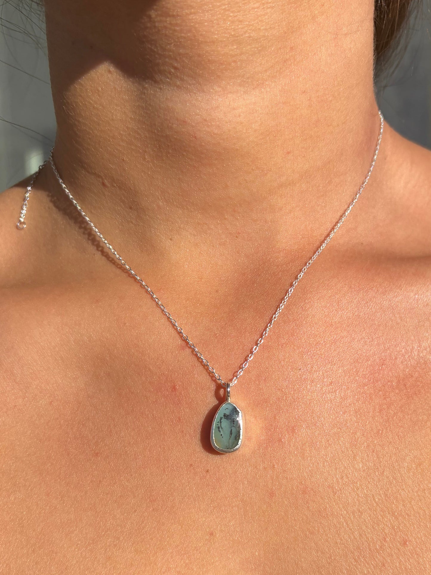 Sterling Silver Blue Opal Pendant — Adjustable Chain