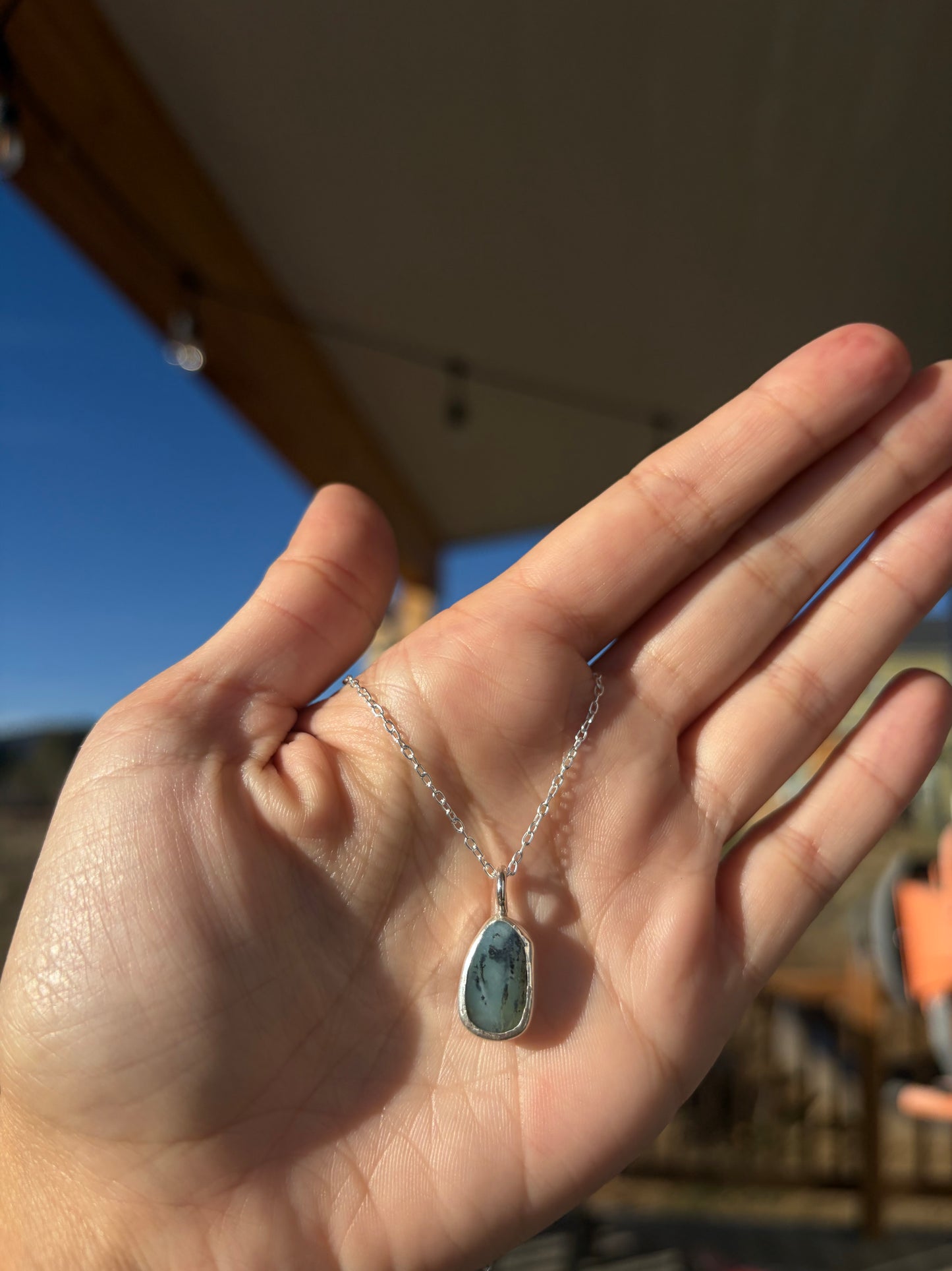 Sterling Silver Blue Opal Pendant — Adjustable Chain
