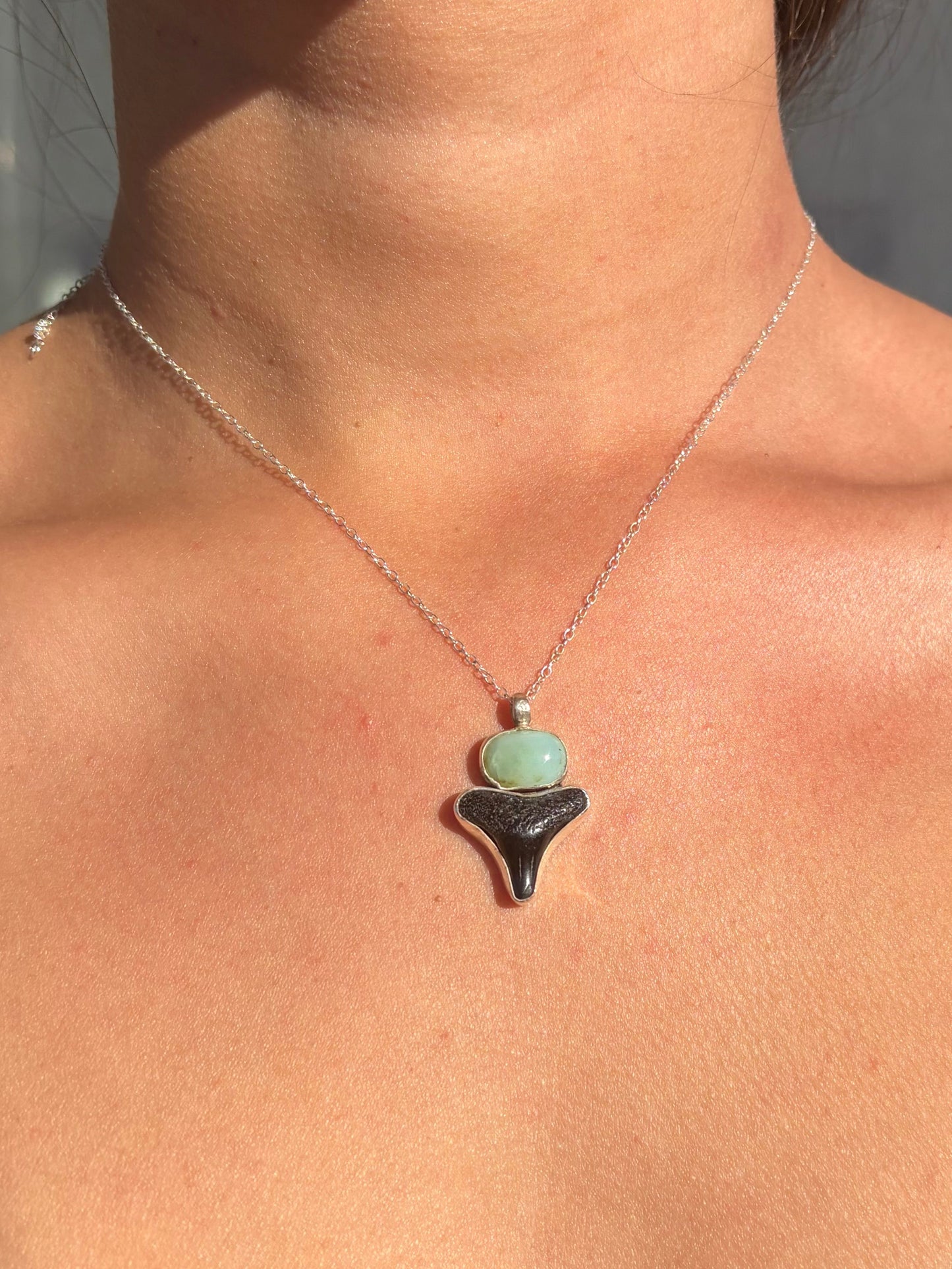 Sterling Silver Blue Opal Shark Tooth Necklace — Adjustable 16"–20"