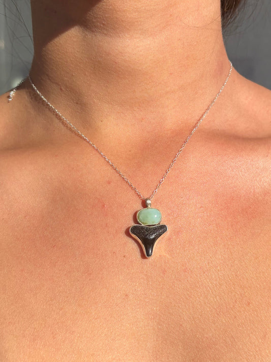 Sterling Silver Blue Opal Shark Tooth Necklace — Adjustable 16"–20"
