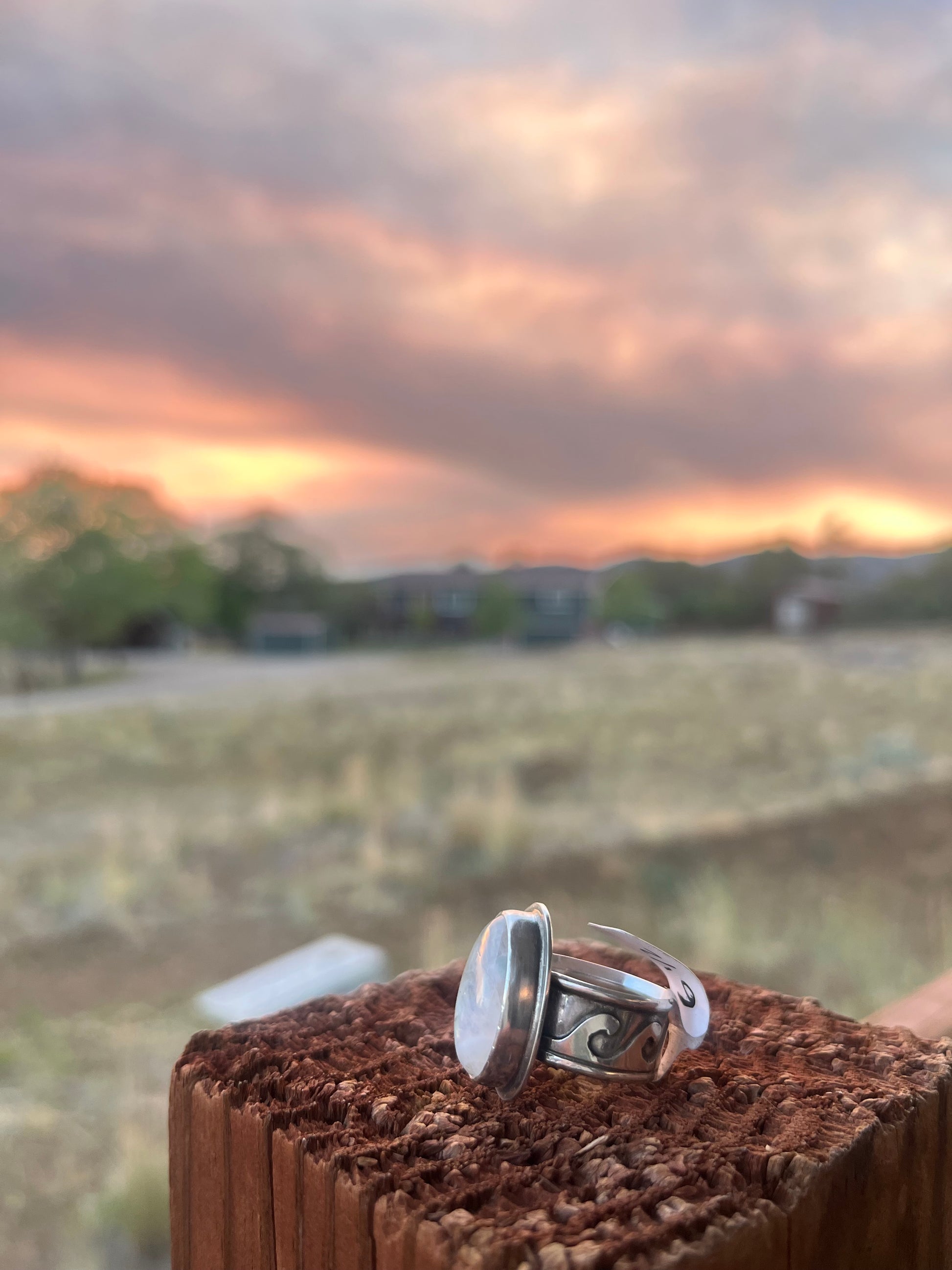 Handmade in Durango Rainbow Moonstone Sterling Silver Beach Wave Band